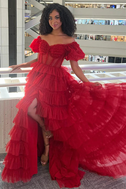 A-Line Sweetheart Off-Shoulder Sleeveless Pleated Tulle Tiered Prom Dress with High Slit