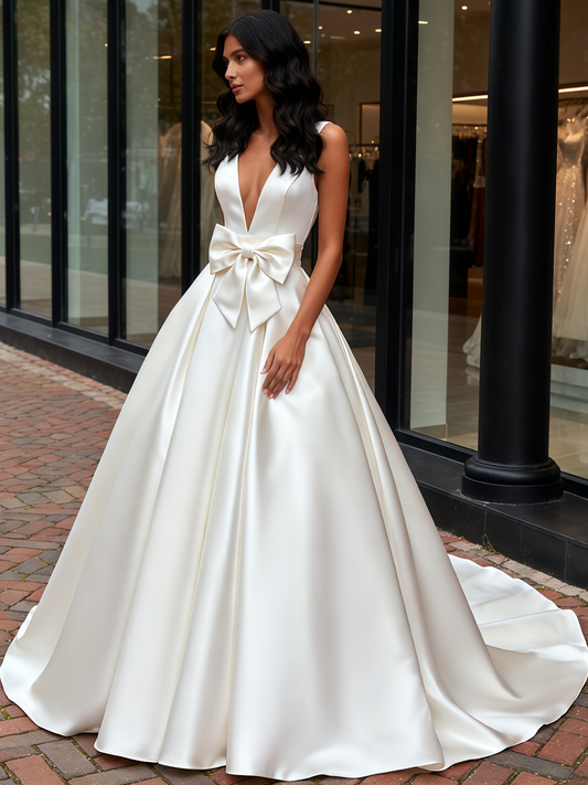 Bowknot A Line Sleeveless V Neck Satin Wedding Dress