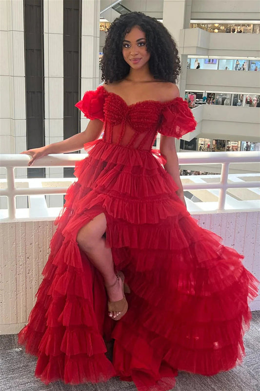 A-Line Sweetheart Off-Shoulder Sleeveless Pleated Tulle Tiered Prom Dress with High Slit