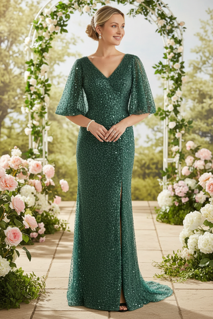 Emerald Green Sequin Flutter Sleeve Evening Gown
