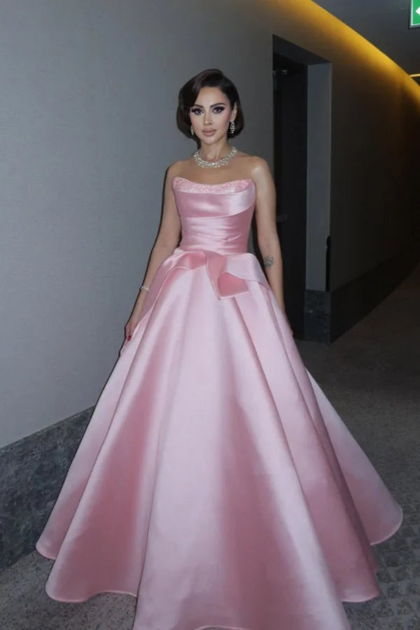 Candy Pink Strapless Beaded A-Line Prom Dress