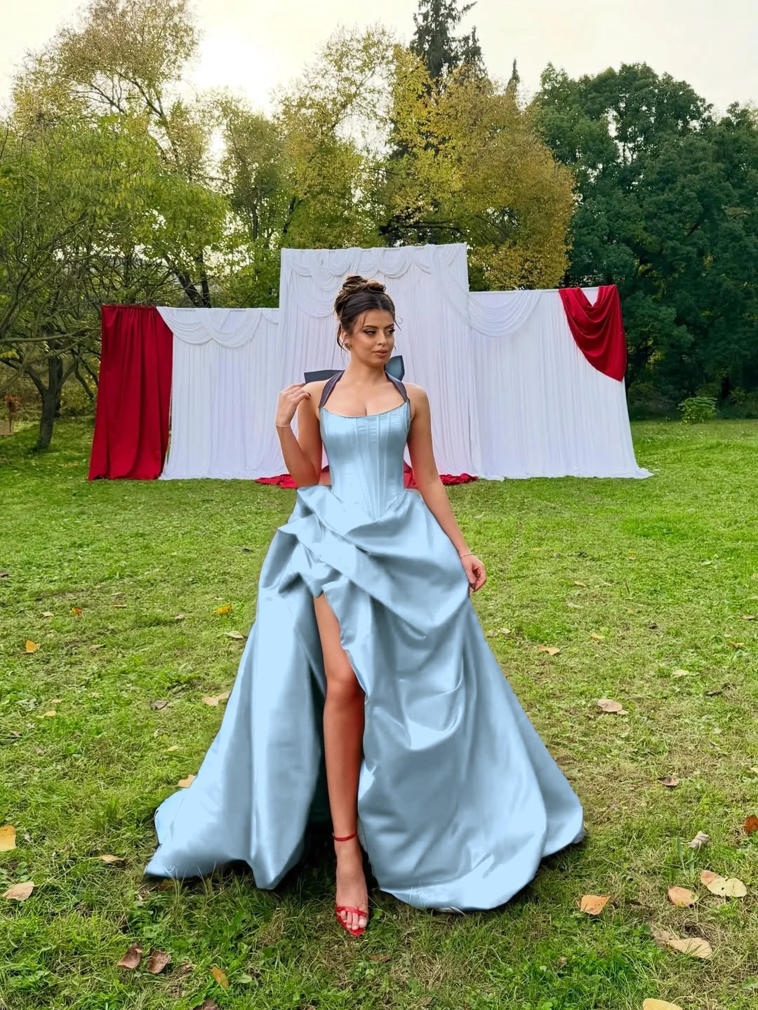 Halter Neck Strapless Sleeveless Long A-Line Prom Dress