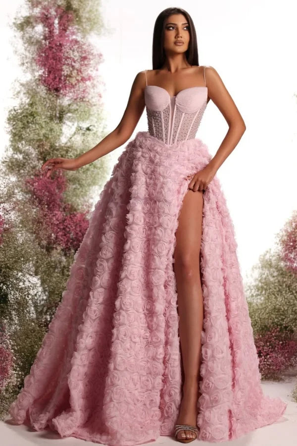Blushing Pink Spaghetti-Straps Beaded Split Flowers Prom Dress