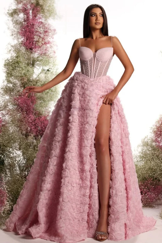 Blushing Pink Spaghetti-Straps Beaded Split Flowers Prom Dress