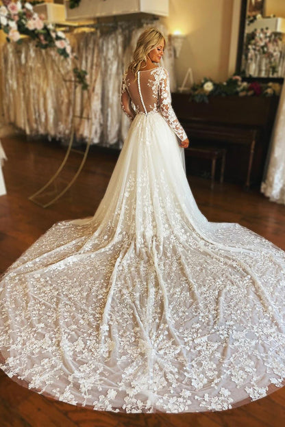 Charming A-Line V Neck Long Sleeve Tulle Lace Wedding Dress