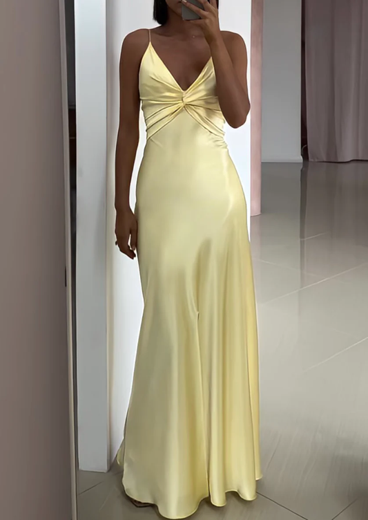 Light Yellow V Neck Straps Long Party Dress Wedding Guest Dress