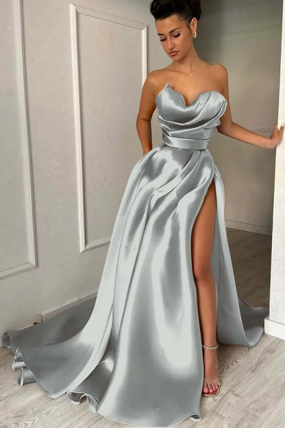 Chic Strapless Split Pleated Prom Dress
