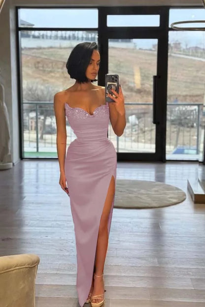 Red Split Sequins Strapless Prom Dress With Puff Sleeves