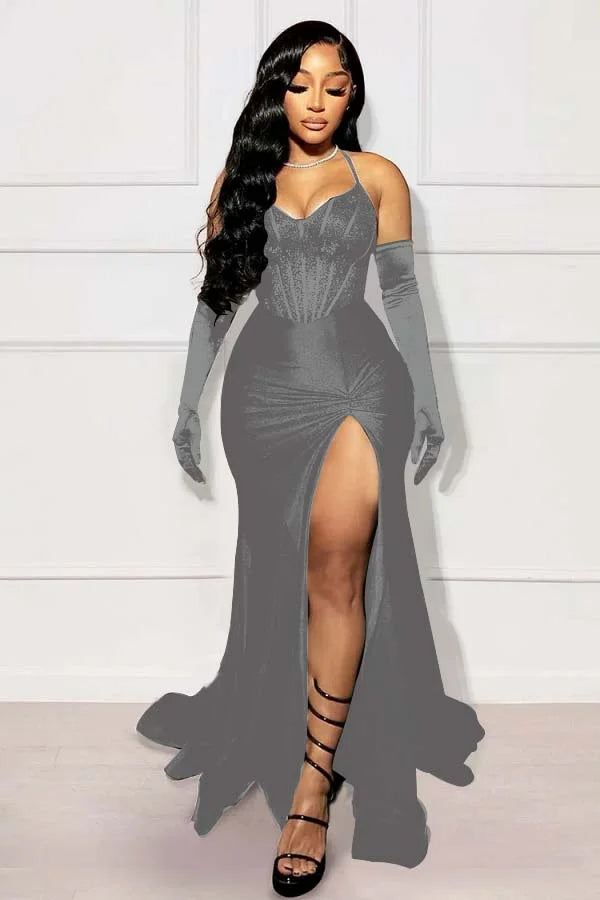 Black Mermaid Split Prom Dress With Long Gloves