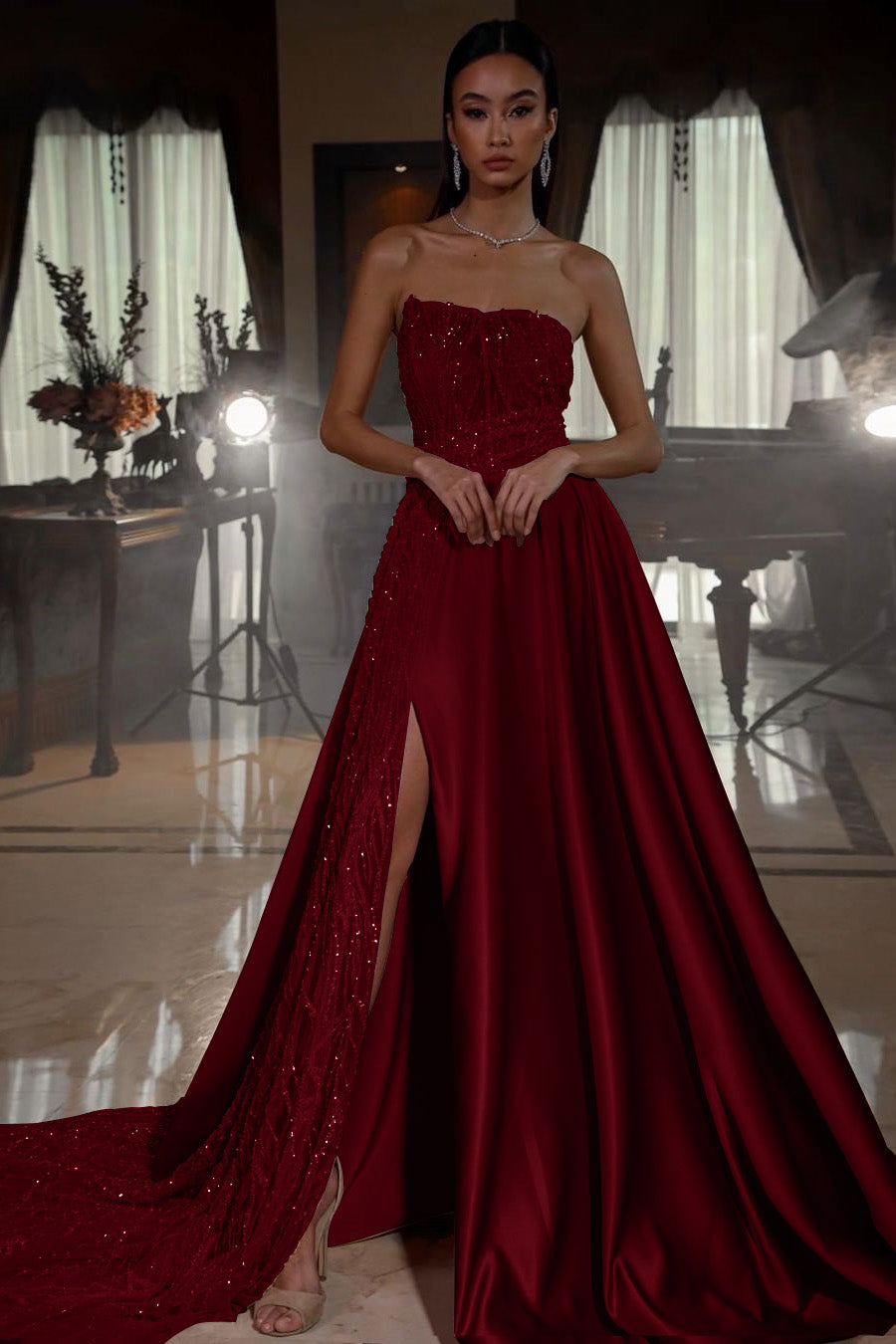 Pink Strapless Sleeveless Sequins A-Line Prom Dress with Split