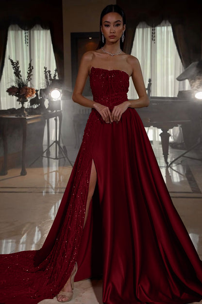 Pink Strapless Sleeveless Sequins A-Line Prom Dress with Split