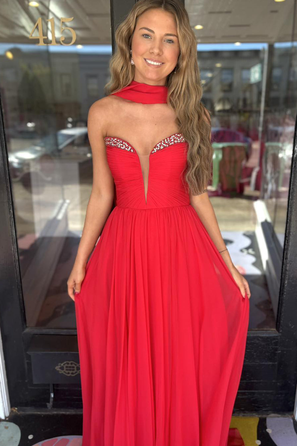 Fairy A Line V Neck Red Chiffon Prom Dresses with Beading
