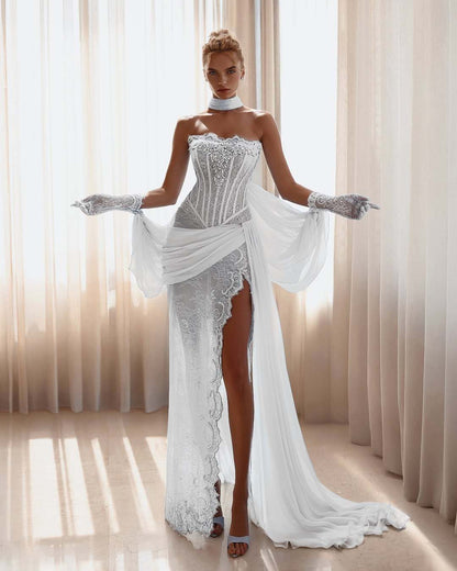 Refined Blue Strapless Prom Dress Pleated Lace with Rhinestone Split