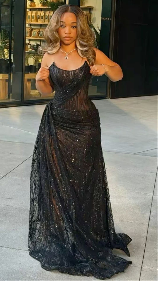 Sexy Black Lace Sequin Slit Mermaid Long Prom Dress