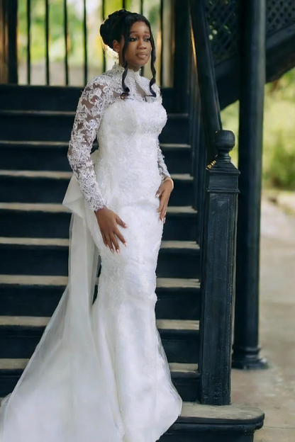 Beautiful Long White Mermaid Lace Long Sleeves Wedding Dress