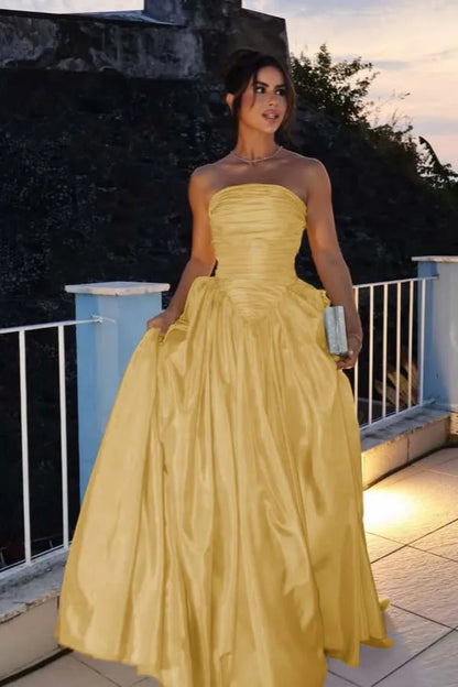 Lovely Yellow Pleated Strapless Prom Dress