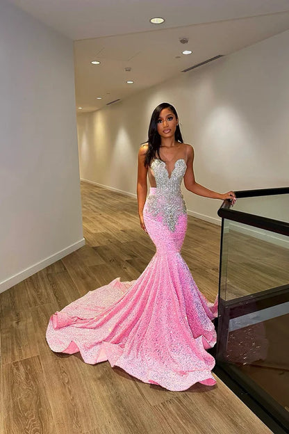 Pink Evening Dress Sleeveless Sequins Mermaid Long Slit