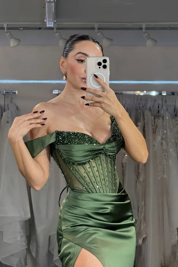 Green Off-The-Shoulder Beaded Split Evening Dress ZT0382