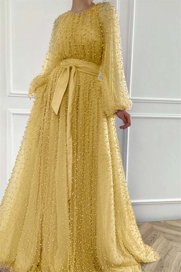 Long Sleeves Long Jewel Neck Prom Dress With Pleated Beading