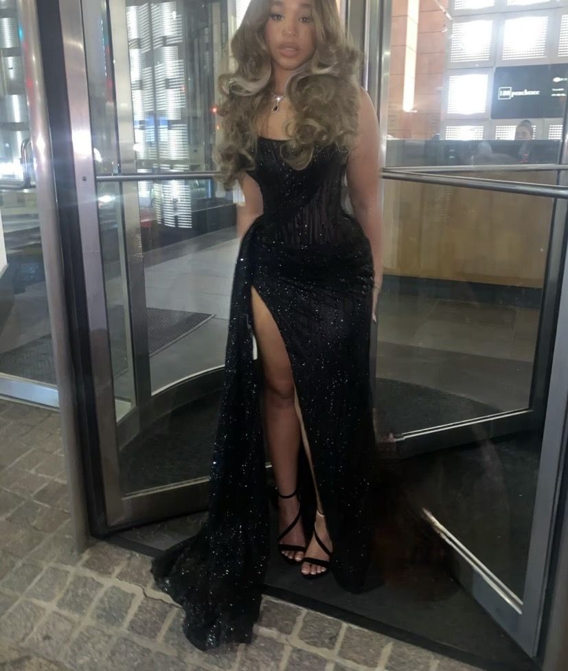Sexy Black Lace Sequin Slit Mermaid Long Prom Dress