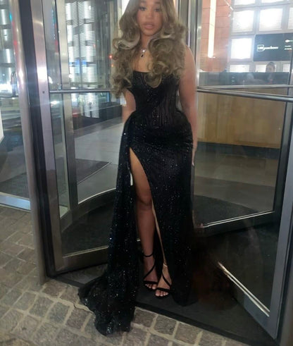Sexy Black Lace Sequin Slit Mermaid Long Prom Dress