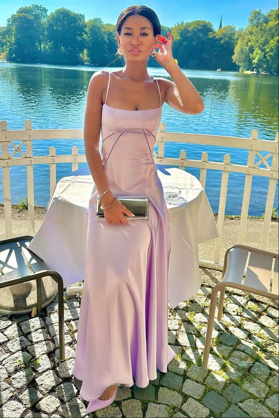 Chic Sheath Spaghetti Straps Silk Satin Formal Evening Dress