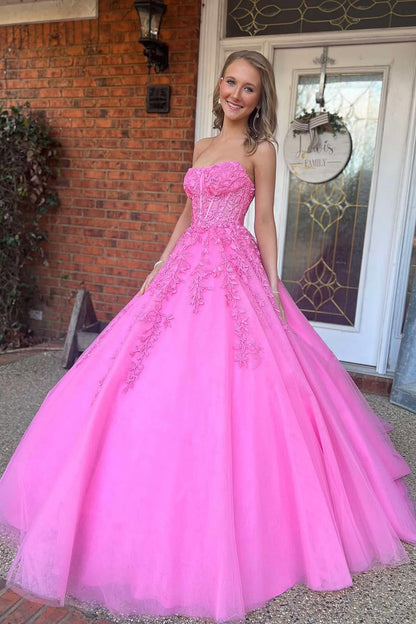 A-Line Strapless Pink Tulle Long Prom Dresses with Appliques