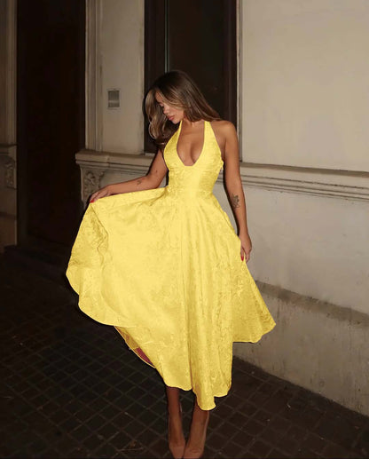 Glamorous Satin Halter Deep V-Neck Strapless Sleeveless Long A-Line Prom Dress