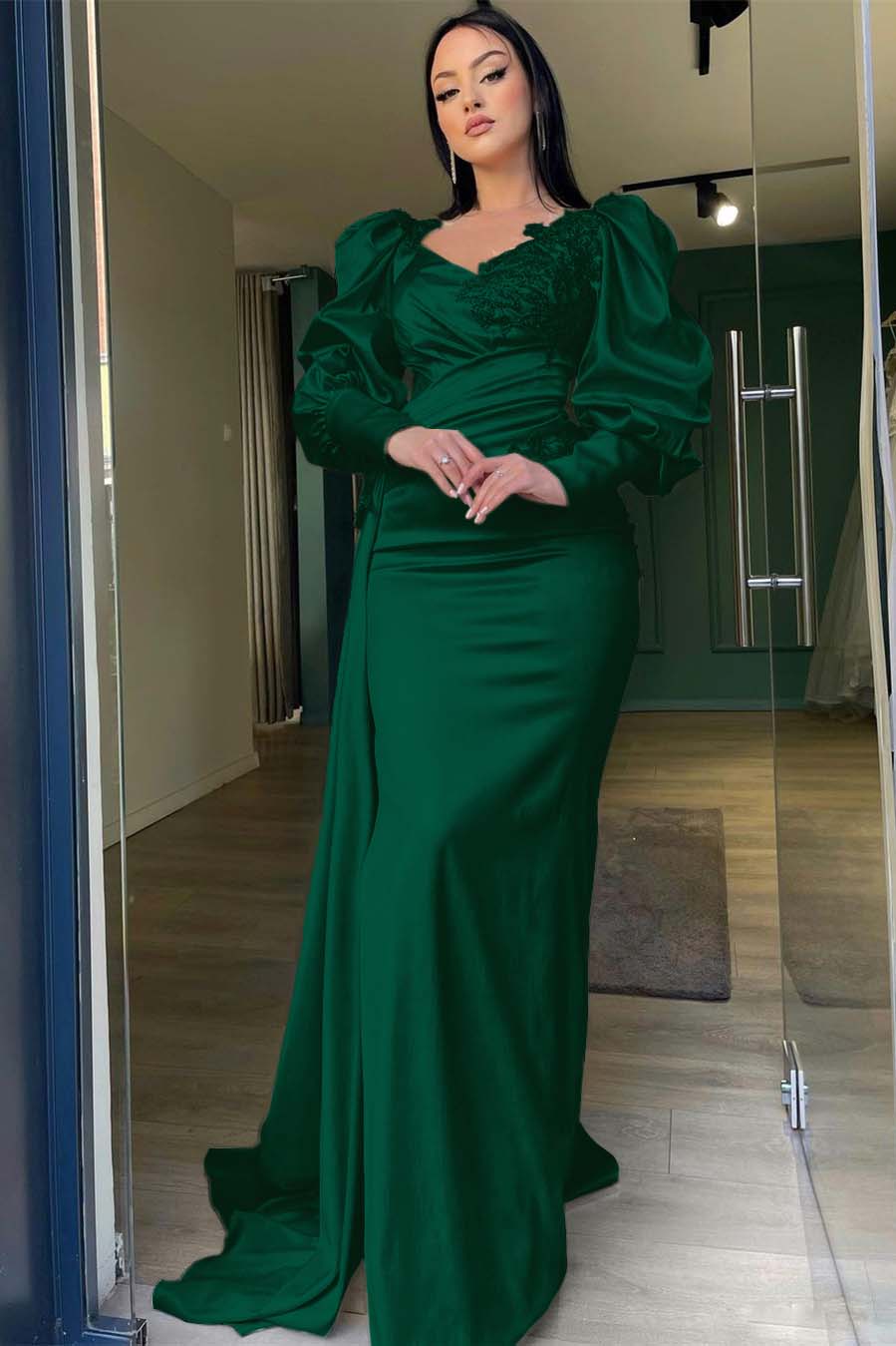 Long Puff Sleeves Pleated Mermaid Split Prom Dress