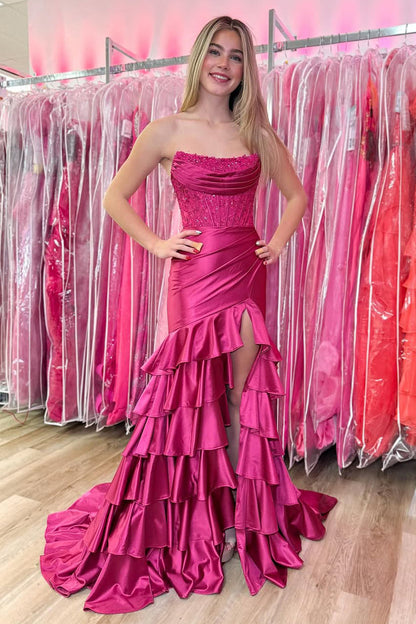 Cute Mermaid Strapless Pink Satin Slit Prom Dresses with Appliques