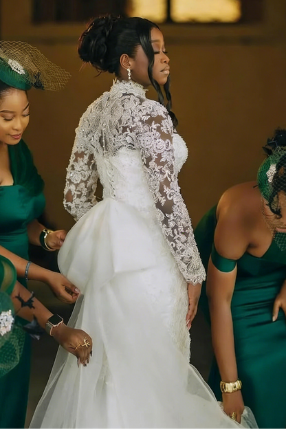 Beautiful Long White Mermaid Lace Long Sleeves Wedding Dress