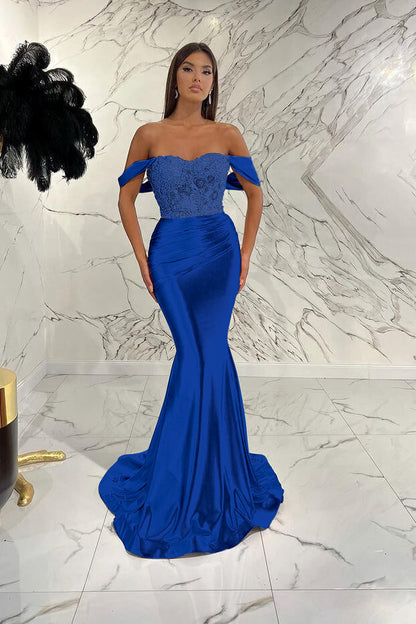 Gorgeous Off the Shoulder Prom Dress Mermaid Sequined Evening Formal Dress With Beading Pleated