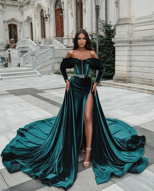 Dark Green Off the Shoulder Classic Long High Split Evening Dress