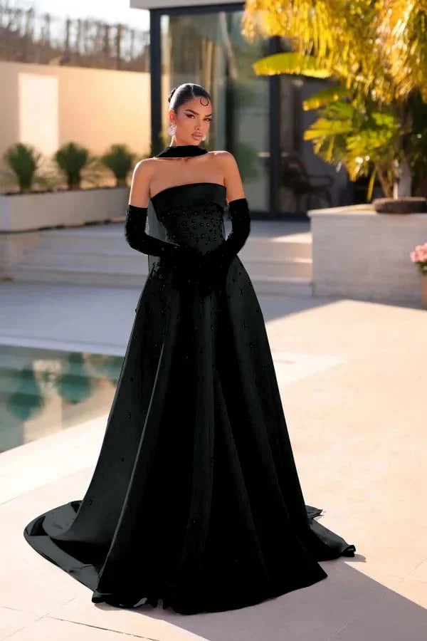 Light Blue Strapless A-Line Beaded Rhinestones Prom Dress With Gloves And Scarf