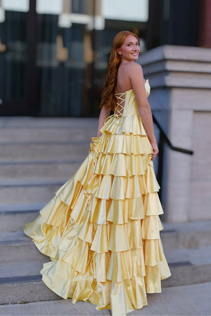 Cute A Line Scoop Neck Yellow Satin Tiered Long Prom Dress with Slit