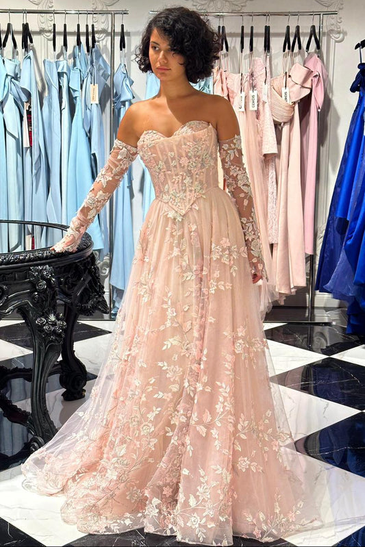 Elegant Lace Long Sleeve Flowers A-Line Floor-Length Wedding Dress