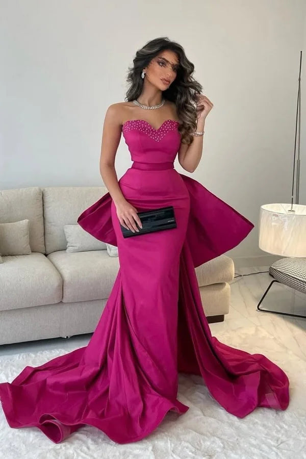 Fuchsia Beaded Bow Long Strapless Prom Dress