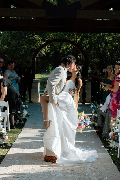 Charming A Line Deep V Neck White Satin Long Bridal Dress with Slit