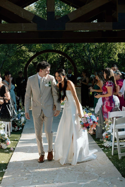 Charming A Line Deep V Neck White Satin Long Bridal Dress with Slit