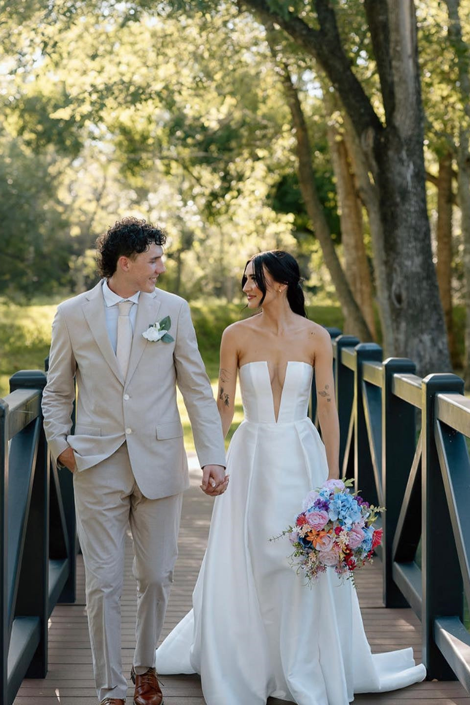 Charming A Line Deep V Neck White Satin Long Bridal Dress with Slit