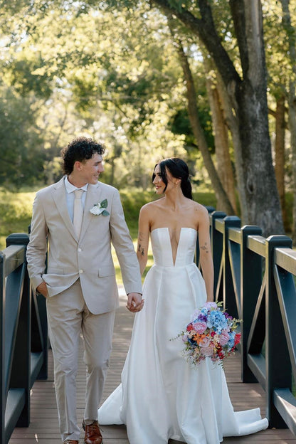 Charming A Line Deep V Neck White Satin Long Bridal Dress with Slit