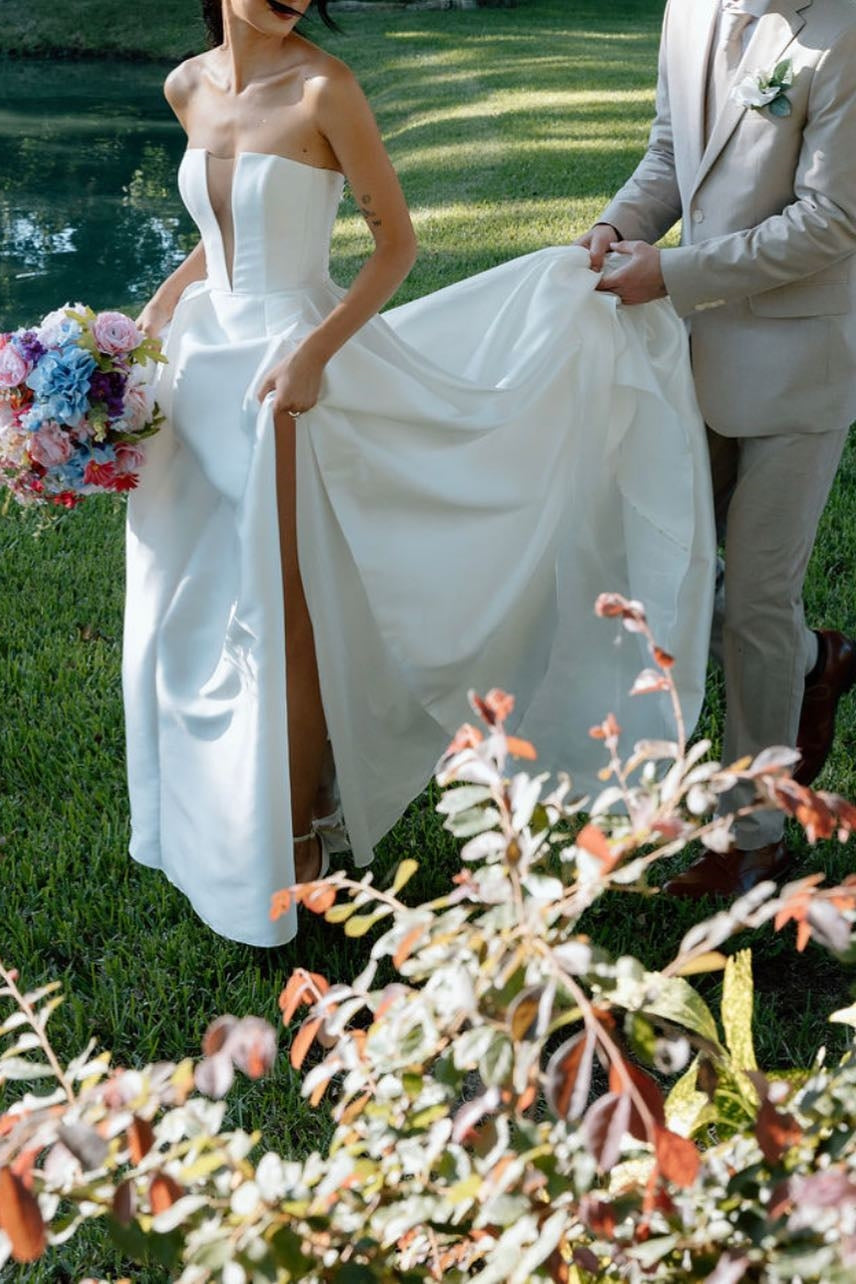 Charming A Line Deep V Neck White Satin Long Bridal Dress with Slit