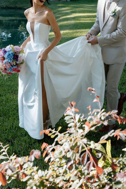 Charming A Line Deep V Neck White Satin Long Bridal Dress with Slit