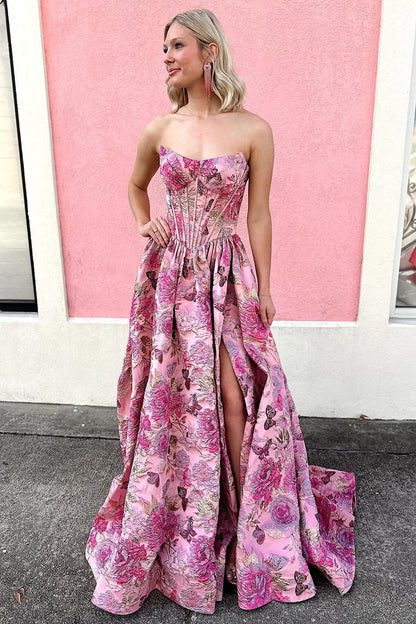 A Line Sweetheart Jacquard Satin Prom Dress with Slit