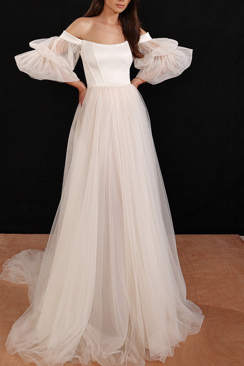 Off-Shoulder Long-Puff-Sleeves Tulle Floor-Length Wedding Dress