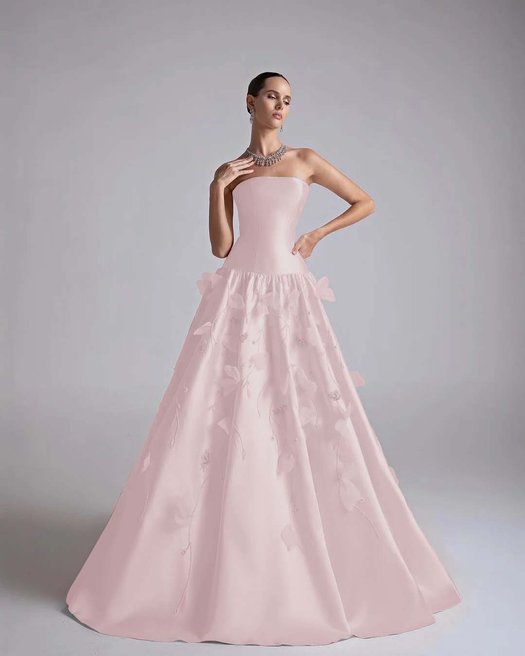 Strapless Sleeveless Long A-Line Prom Dress With Flower Appliqués And Beadings