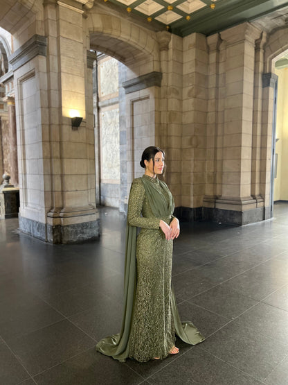 Celadon Column Beaded High Neck Long Sleeves Evening Dress