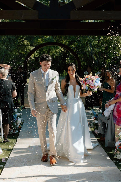 Charming A Line Deep V Neck White Satin Long Bridal Dress with Slit