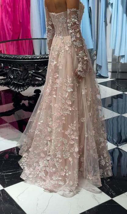 Elegant Lace Long Sleeve Flowers A-Line Floor-Length Wedding Dress