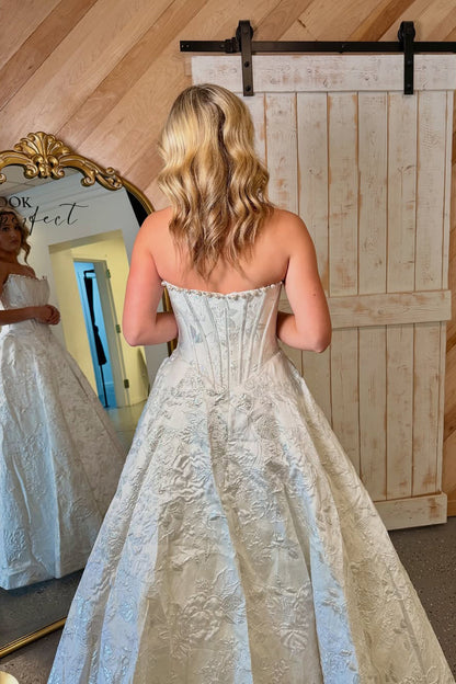 Cute A Line Scoop Neck White Jacquard Satin Long Prom Dress with Beading